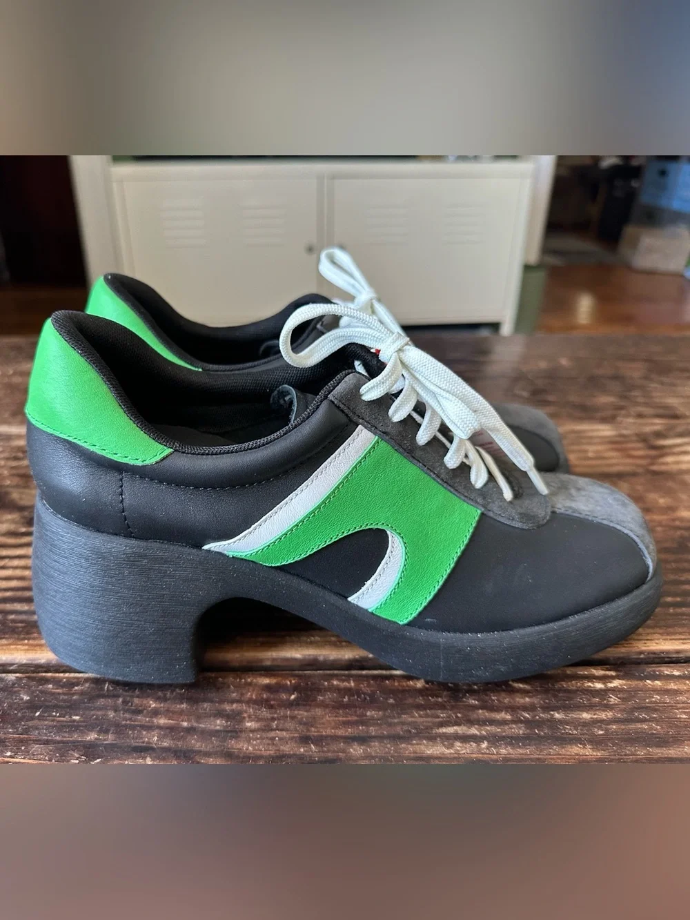 Camper Thelma Black Platform Lace-Up Athletic Shoes with Bright Green Panels